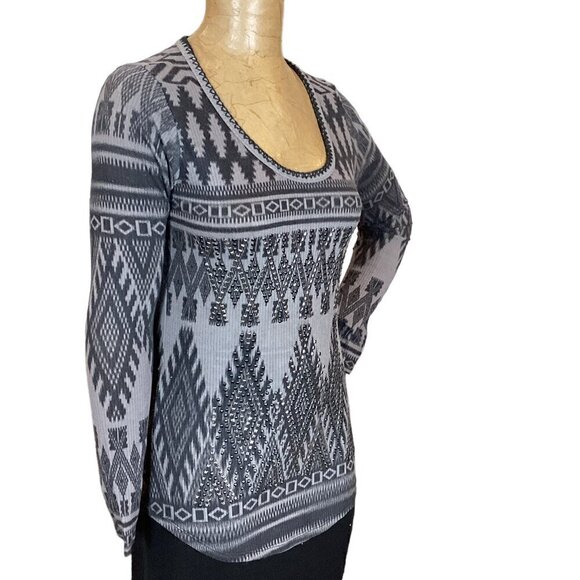 VOCAL Beaded/Studded Embroidered Rib Knit Top Sz M Gray Black 277J - Picture 2 of 8